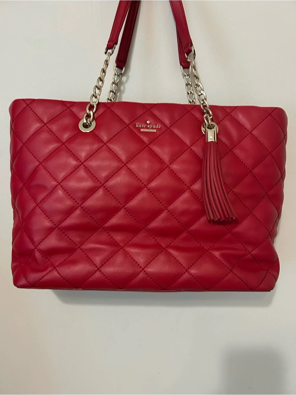 kate spade Quilted Emerson Priya Red Leather Tote with Tassel and Chain Straps